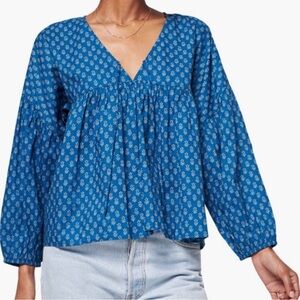 Faherty Blue Indigo Gobi Floral Lyla Cotton Top -‎ Large